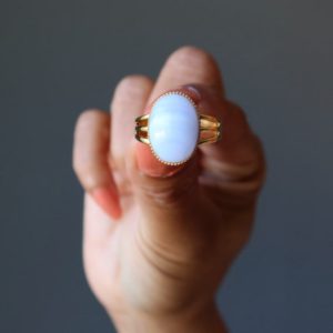 Shop Blue Lace Agate Rings! Blue Lace Agate Gold Adjustable Ring Calming Cool Energy | Natural genuine Blue Lace Agate rings, simple unique handcrafted gemstone rings. #rings #jewelry #shopping #gift #handmade #fashion #style #affiliate #ad