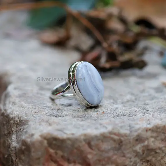 Natural Blue Lace Agate Ring, 925 Solid Sterling Silver Ring, 15x21mm Oval Gemstone Ring, Silver Ring, Boho Ring, Handmade Ring, Size 8 Us