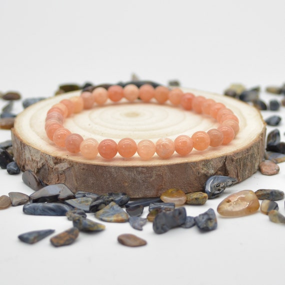 Natural Peach Calcite Semi-precious Gemstone Round Beads Sample Strand / Bracelet - 6mm Or 8mm Sizes, 7.5"