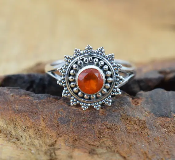 Red Carnelian 925 Sterling Silver Gemstone Jewelry ~ Flower Ring