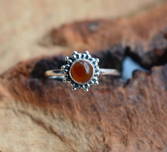 Red Carnelian 925 Sterling Silver Gemstone Jewelry, Round Shape Flower Ring