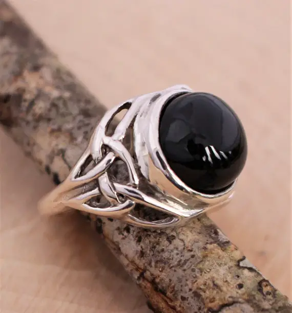 Celtic, Black Tourmaline, Ring, Triquetra Series, No Pentagram, Sterling Silver, Aaa, Rc199.bl.tourm, Size 9 1/2, Please Tell Me Your Size.