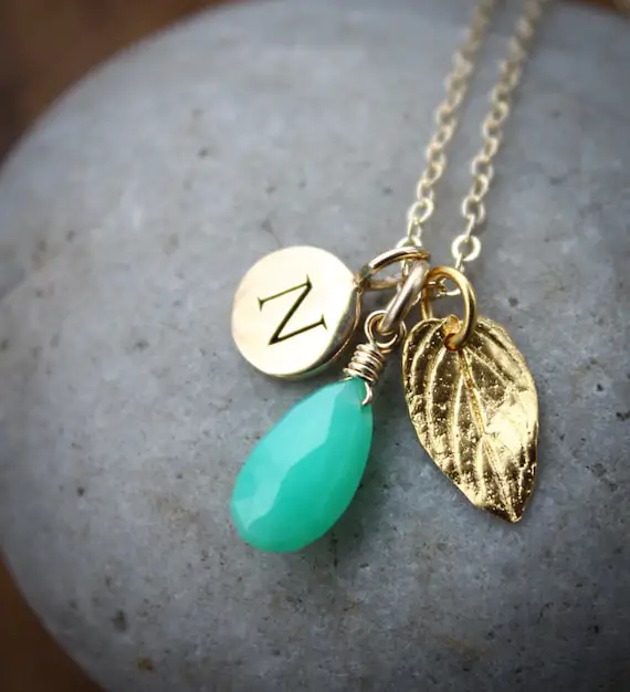 Gold Green Chrysoprase Necklace Initial Charm Necklace, Personalize Mint Green Stone Pendant, Gold Mint Leaf Charm Necklace