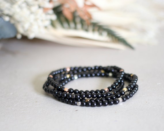 Dainty Black Tourmaline Bracelet With Rose Gold Yellow Gold Or Silver Spacers 4mm Genuine Stone