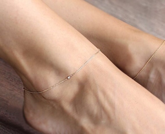 Diamond Anklet, Dainty Foot Bracelet In 14k Or 18k Solid Gold By Threelayers