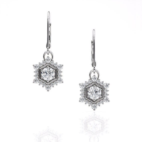 Diamond Hexagon Halo Earrings | Luxury Dangle Drop Earrings | Couture Bridal Earrings | Art Deco Vintage Inspired | Platinum, White Gold