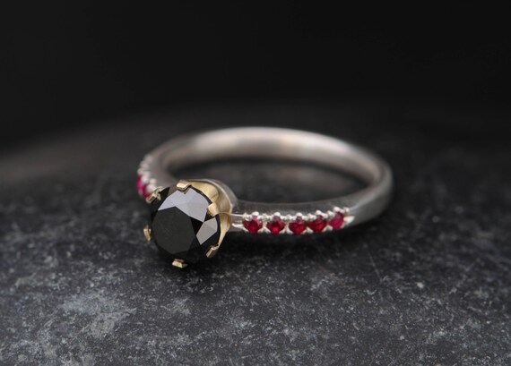 Black Diamond Engagement Ring With Rubies - 18k Gold Diamond Engagement Ring