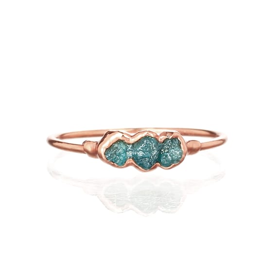 Triple Raw Blue Diamond Ring, Rose Gold Ring, Raw Diamond Ring, Gemstone Ring, Raw Stone Ring, April Birthstone Ring, Blue Gift For Women