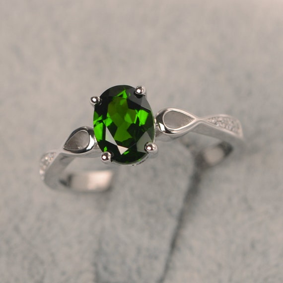 Diopside Ring 4 Prong Setting In Silver 925 Engagement Ring For Women Oval Shape Green Gemstone