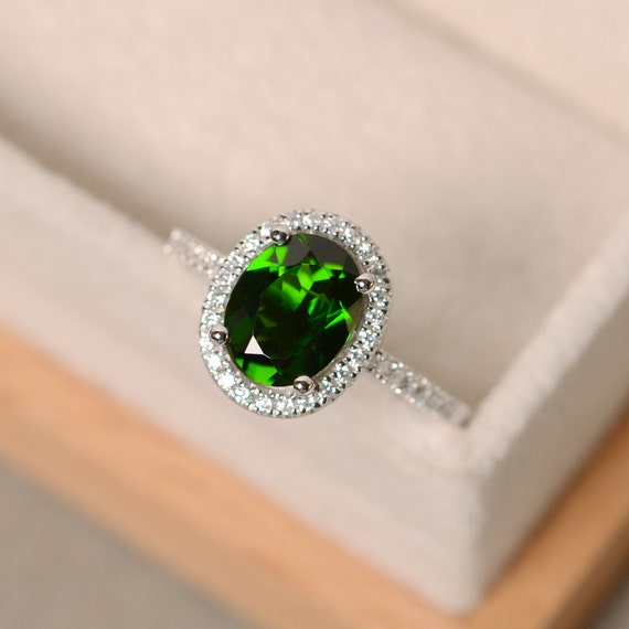 Chrome Diopside Ring, Engagement Ring, Oval Cut, Halo Ring Diopside