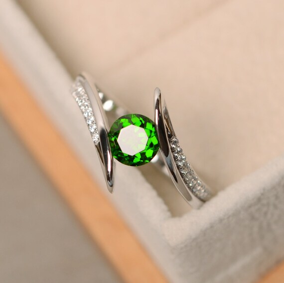 Diopside Ring, Chrome Diopside, Sterling Silver, Wedding Ring, Green Gemstone Ring
