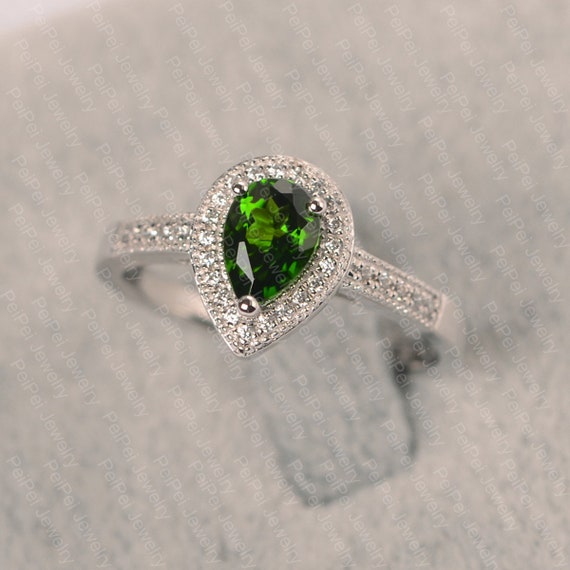 Natural Diopside Ring In Silver Pear Cut Halo Engagement Ring For Women
