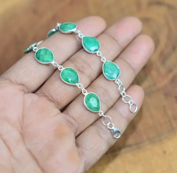 Green Emerald 925 Sterling Silver Pear Gemstone Jewelry Adjustable Bracelet