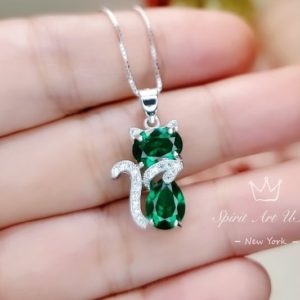 Shop Emerald Pendants! Cat Emerald necklace, Diamond Kitty Cat Emerald Pendant, Sterling Silver Pet Cat lover gift Kitten Jewelry | Natural genuine Emerald pendants. Buy crystal jewelry, handmade handcrafted artisan jewelry for women.  Unique handmade gift ideas. #jewelry #beadedpendants #beadedjewelry #gift #shopping #handmadejewelry #fashion #style #product #pendants #affiliate #ad