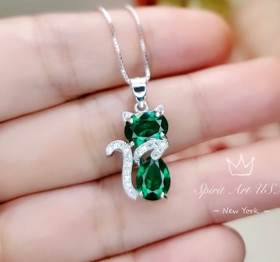 Cat Emerald Necklace, Gemstone Kitty Cat Emerald Pendant, Sterling Silver Pet Cat Lover Gift Kitten Jewelry #217
