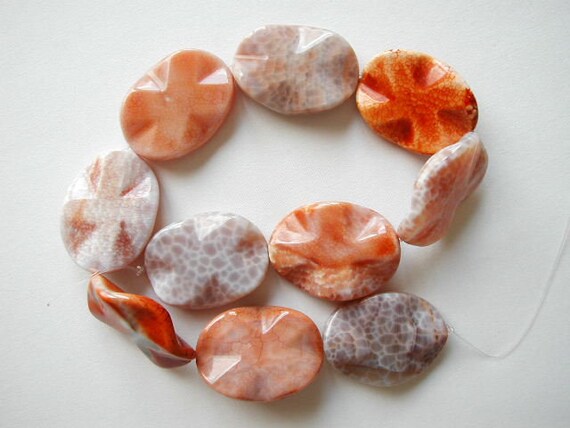40mm Crab Fire Agate Wavy Flat Oval Beads 16" Strand