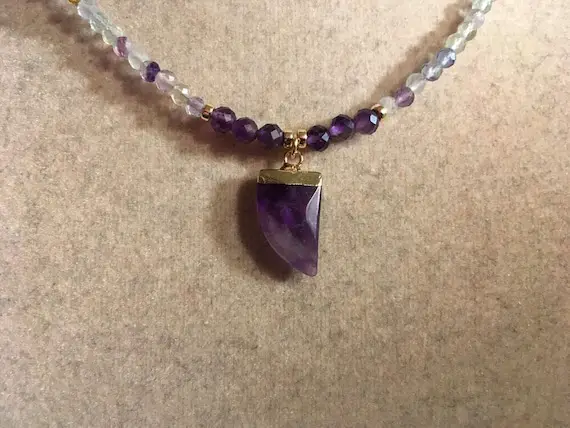 Fluorite Necklace - Amethyst Horn Pendant - Purple Green Gemstone Jewellery - Gold Jewelry - Multicolor