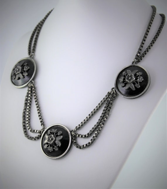 Georgian Victorian Gothic Silver Book Chain Floral Black Whitby Jet Mourning Festoon Necklace 1800's