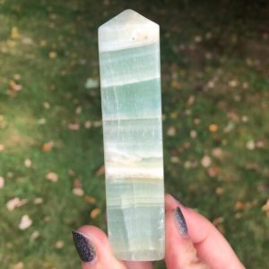3.8" Blue Green Calcite Crystal Tower #5 Aqua Banded Polished Point Gemstone, Self Standing, Home Decor Accent, Witchy Birthday