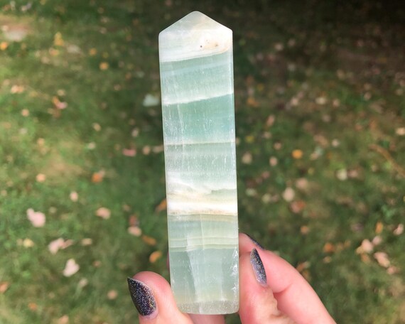 3.8" Blue Green Calcite Crystal Tower #5 Aqua Banded Polished Point Gemstone, Self Standing, Home Decor Accent, Witchy Birthday