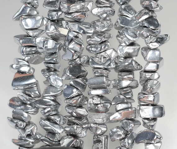 6x3-10x5mm Silver Hematite Gemstone Nugget Pebble Chips 6-10mm Loose Beads 15.5 Inch Full Strand (90185641-844)