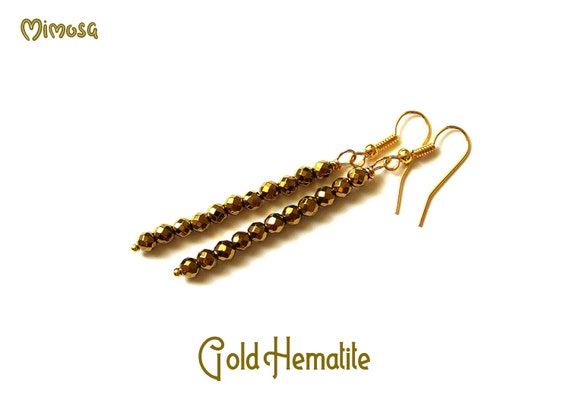 Gold Hematite Earrings, Gold Stick Earrings, Gold Dangle Earrings, Gold Bead Earrings, Gold Hematite Jewelry, Gold Stone Earrings, Hematite