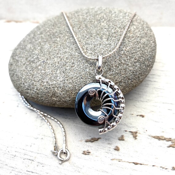 Iron Anniversary Gift For Her. A  Gothic Style Pendant. Hematite  Stone For Stress And Anxiety. Wire Wrapped Silver & Hematite Necklace.