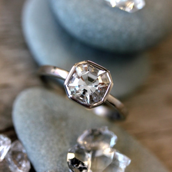 Cut In The Usa // Cruelty Free Herkimer Diamond Gemstone Ring // 14k Palladium White Engagement Ring // Asscher Cut For The Unique Bride