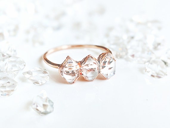 Raw Herkimer Diamond Ring, April Birthstone Ring, Solid Gold Diamond Ring, Herkimer Engagement Ring, Diamond Promise Ring, Boho Diamond Ring