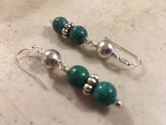 Green Earrings - Silver Jewelry - Howlite Gemstone Jewellery - Dangle - Pierced