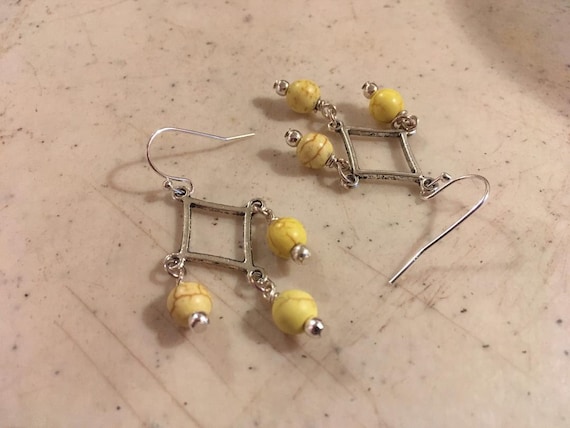 Yellow Earrings - Silver Jewelry - Howlite Gemstone Jewellery - Dangle - Pierced - Handmade - Mod - Gift - Carmal - Hook
