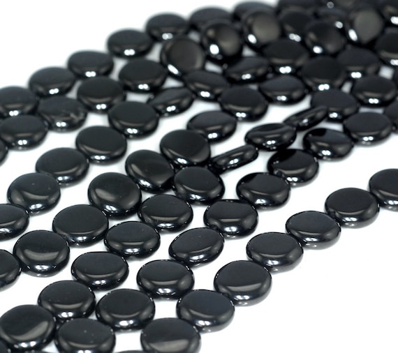 12mm Black Jet Gemstone Flat Round Coin Button Loose Beads 16 Inch Full Strand (90186927-826)