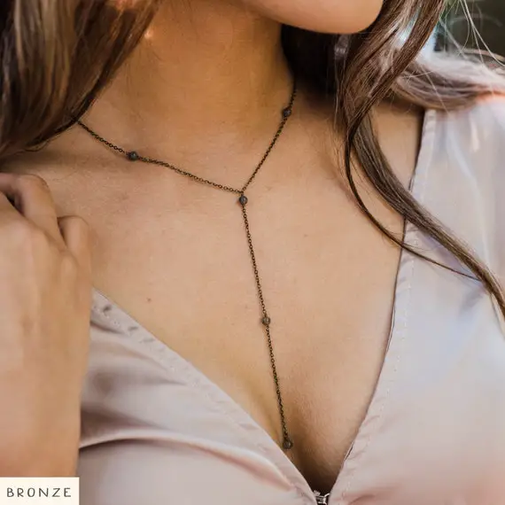 Labradorite Crystal Beaded Chain Lariat Necklace In Bronze, Silver, Gold Or Rose Gold. 16" Chain With 2" Adjustable Extender And 4" Drop