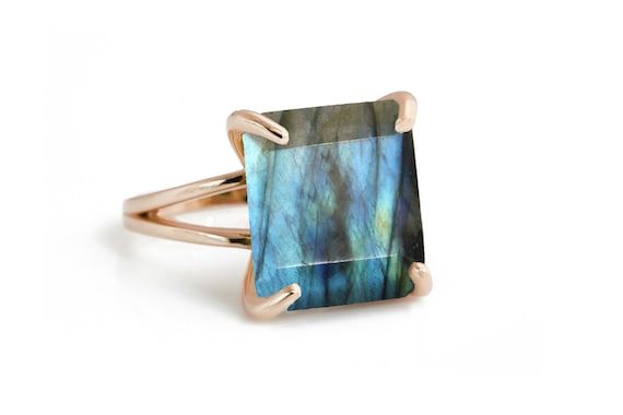 Labradorite Ring · Rose Gold Ring · Pink Gold Gem Ring · Gemstone Ring · Square Cut Ring · Large Stone Ring · Gift For Mom