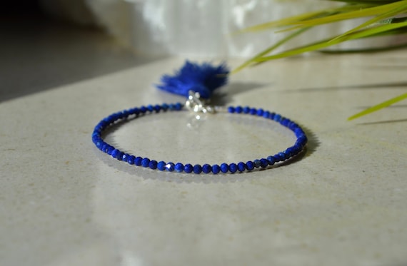 Genuine Lapis Lazuli Bracelet - Bracelet Femme, Navy Stone Skinny Bracelet With Tassel, Mini Tassel Bracelet, 2mm Blue Gemstone Bracelet