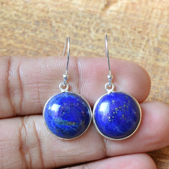 Lapis Lazuli Earrings - Lapis Lazuli 15x15 Mm Round Gemstone - Gemstone Earrings - Sterling Silver Earrings -bezel Earrings -silver Earrings