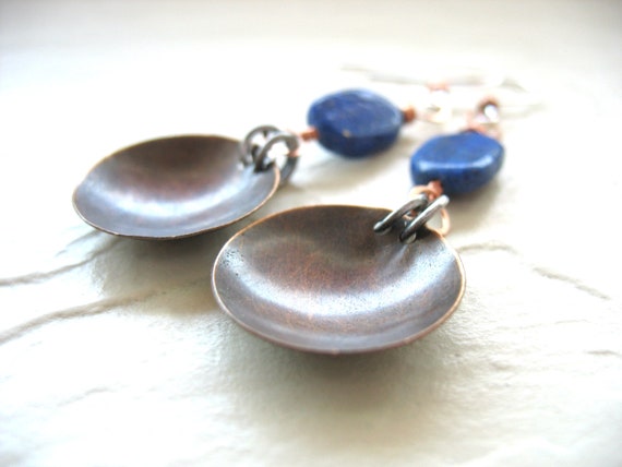 Lapis Lazuli Gemstone Birthstone Copper Disc Earrings Jewelry Handmade In Usa