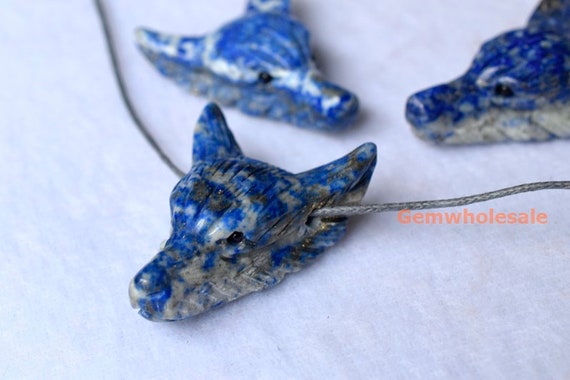 1pc 30x40mm Aaa Natural Lapis Lazuli Carving Wolf Head Pendant, Diy Wolf Head Stone Pendant For Necklace, Jewelry Supply