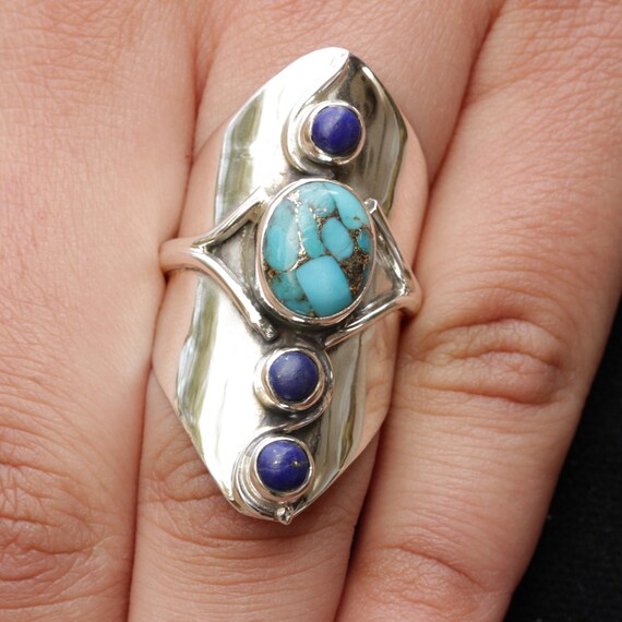 Purple Turquoise Lapis Lazuli Ring, Sterling Silver Jewelry, Copper Turquoise Rings, Lapis Lazuli Turquoise, Multi Stone Rings, Dainty Ring