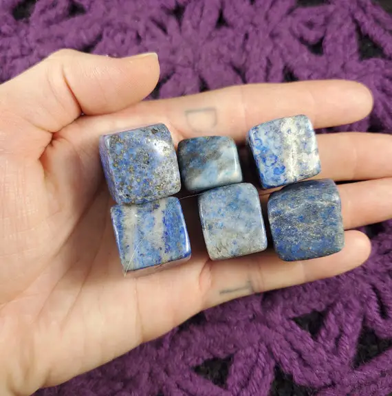 6 Lapis Lazuli Tumbled Cube Stones Polished Cubes Crystal Set Shiny Dark Blue Pyrite Gold Set Bulk Gridding
