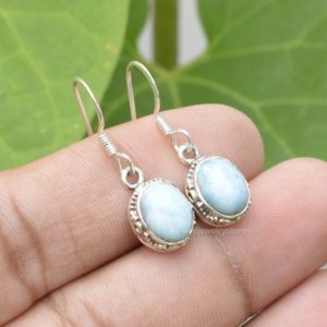 Shop Larimar Earrings! Natural Larimar 925 Sterling Silver Earrings, Larimar 7×9 mm Oval Gemstone Earrings, Women Earrings ,Handmade Earrings, Silver Earring | Natural genuine Larimar earrings. Buy crystal jewelry, handmade handcrafted artisan jewelry for women.  Unique handmade gift ideas. #jewelry #beadedearrings #beadedjewelry #gift #shopping #handmadejewelry #fashion #style #product #earrings #affiliate #ad