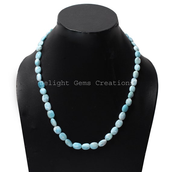 Dominican Larimar Smooth Oval Nuggets Necklace, 7x9mm-8x11mm Larimar Smooth Tumble Necklace, Larimar Gemstone Beaded Necklace 18-30 Inches