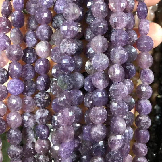 Lepidolite Faceted Beads, Natural Gemstone Beads, Coin Round Stone Beads 8mm 15''