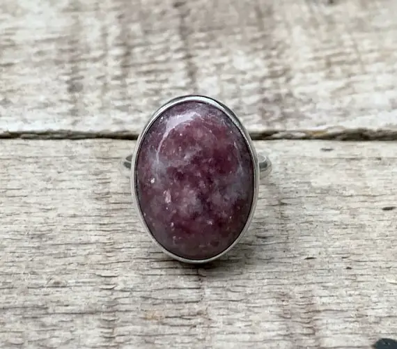 Dark Pink Purple Merlot Colored Oval Lepidolite Lithium Mica Sterling Silver Ring | Cleansing Gemstone | Made To Order | Lepidolite Ring
