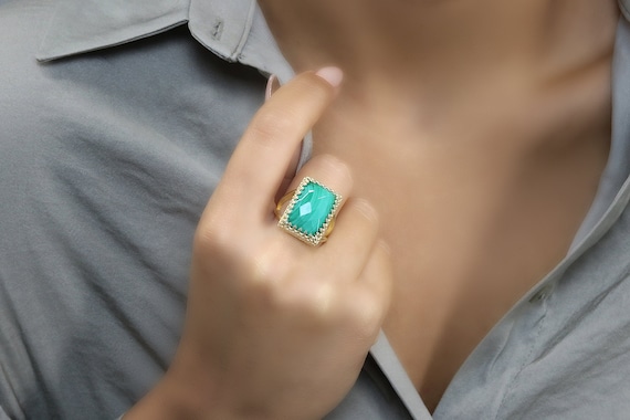 Gold Malachite Ring · Gold Rectangle Ring · Gemstone Ring · 14 Karat Solid Gold Ring · Malachite Jewelry · Gifts For Mom · Vintage Ring