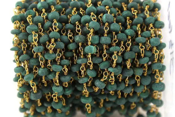 Gold Plated Malachite Rosary Chain,malachite Beads,unpolished,rosary Chains,gold,malachite,rondelle Beads,gemstone Rosary,sold Per Foot