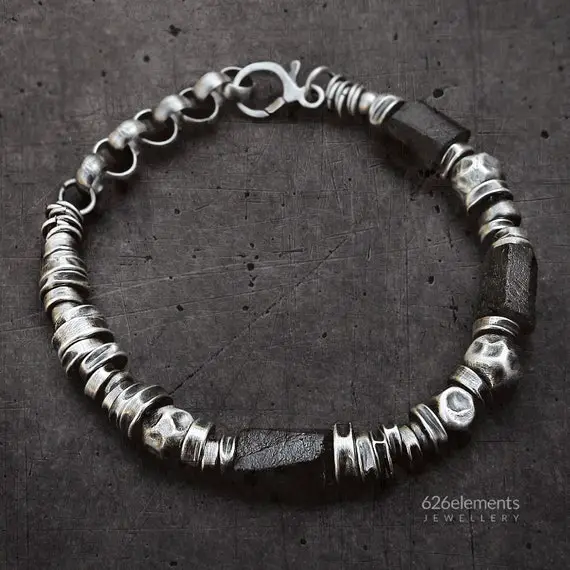Mens Sterling Silver Tourmaline Bracelet - Raw Oxidized Silver Chain Bracelet - Black Tourmaline Bracelet - Handmade Unique Mens Jewellery