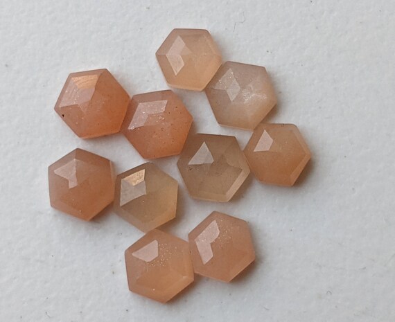 6.5-7mm Peach Moonstone Faceted Hexagon Flat Back Cabochons, Moonstone Rose Cut Hexagon, Loose Moonstone (5pcs To 10pcs Options) - Adg363