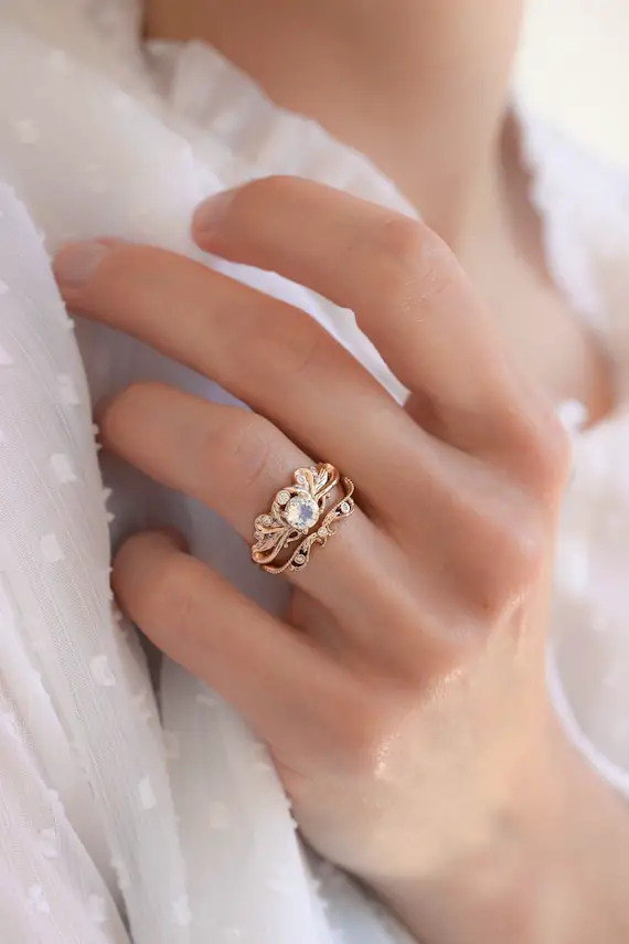 Moonstone Bridal Ring Set, Vintage Style Engagement Ring, 14k Gold Ring, Leaves Ring, Art Nouveau Ring, Engagement Ring Set, Rose Gold Ring