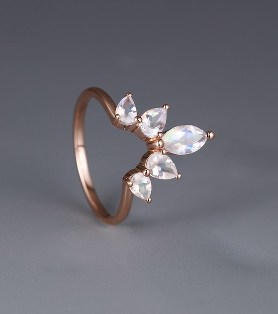 Moonstone Wedding Band Rose Gold Women Curved Marquise Cut Pear Cut Art Deco Vintage Matching Anniversary Unique Promise Prong Ring